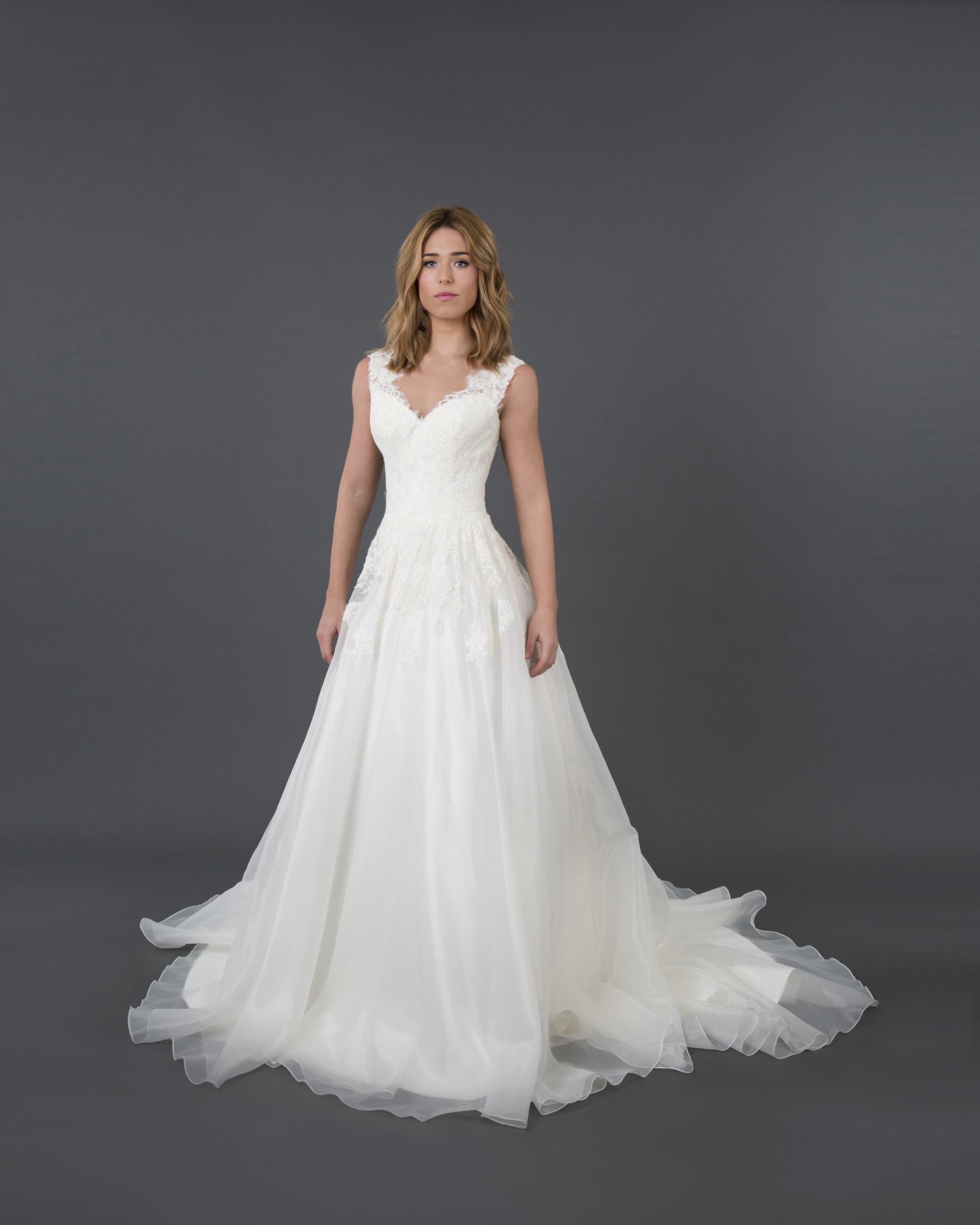Angela Dress, a full gown dress with a bodice in lace and skirt in chiffon